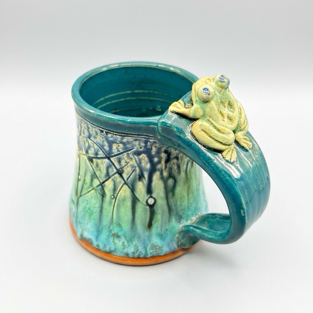 Handmade Pottery 3D Frog Hand Thrown Large Mug Signed Studio Pottery Drip Glaze
